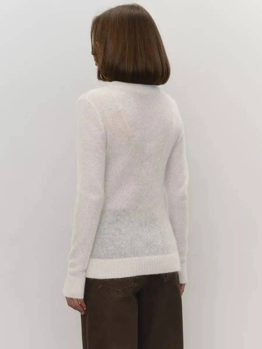 Mohair Sweater with Round Neck and Lightweight Semi-Sheer Knit, Ribbed Hem