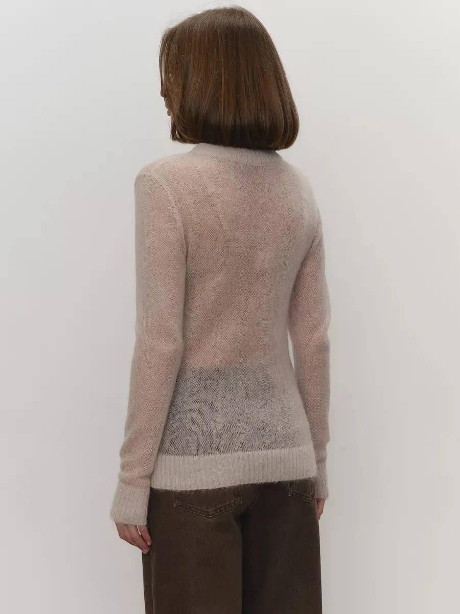 Mohair Sweater with Round Neck and Lightweight Semi-Sheer Knit, Ribbed Hem