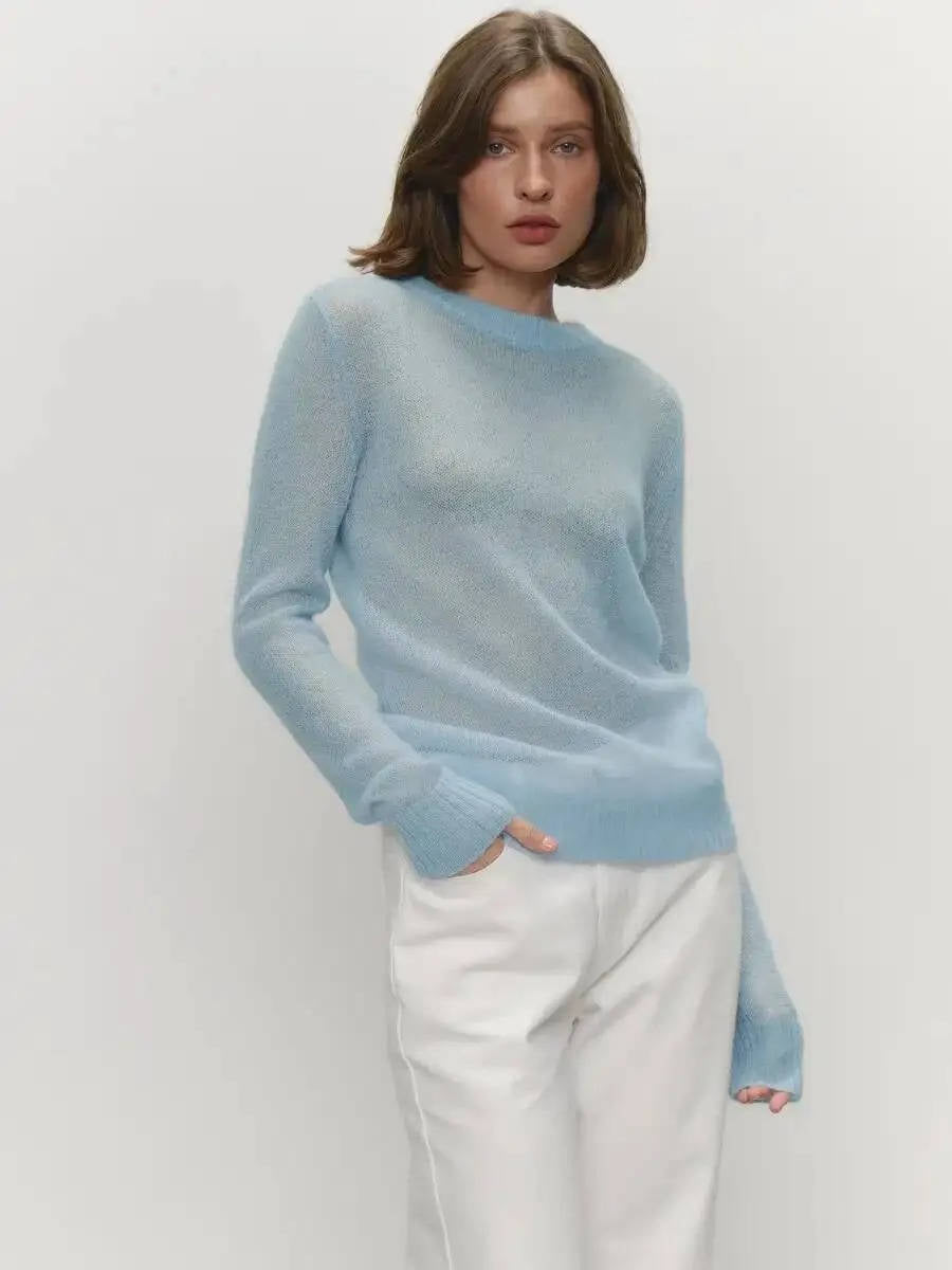 Mohair Sweater with Round Neck and Lightweight Semi-Sheer Knit, Ribbed Hem