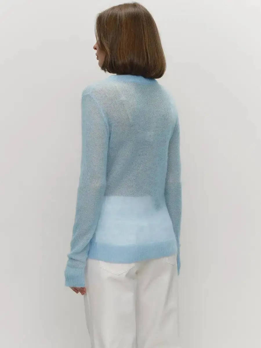 Mohair Sweater with Round Neck and Lightweight Semi-Sheer Knit, Ribbed Hem