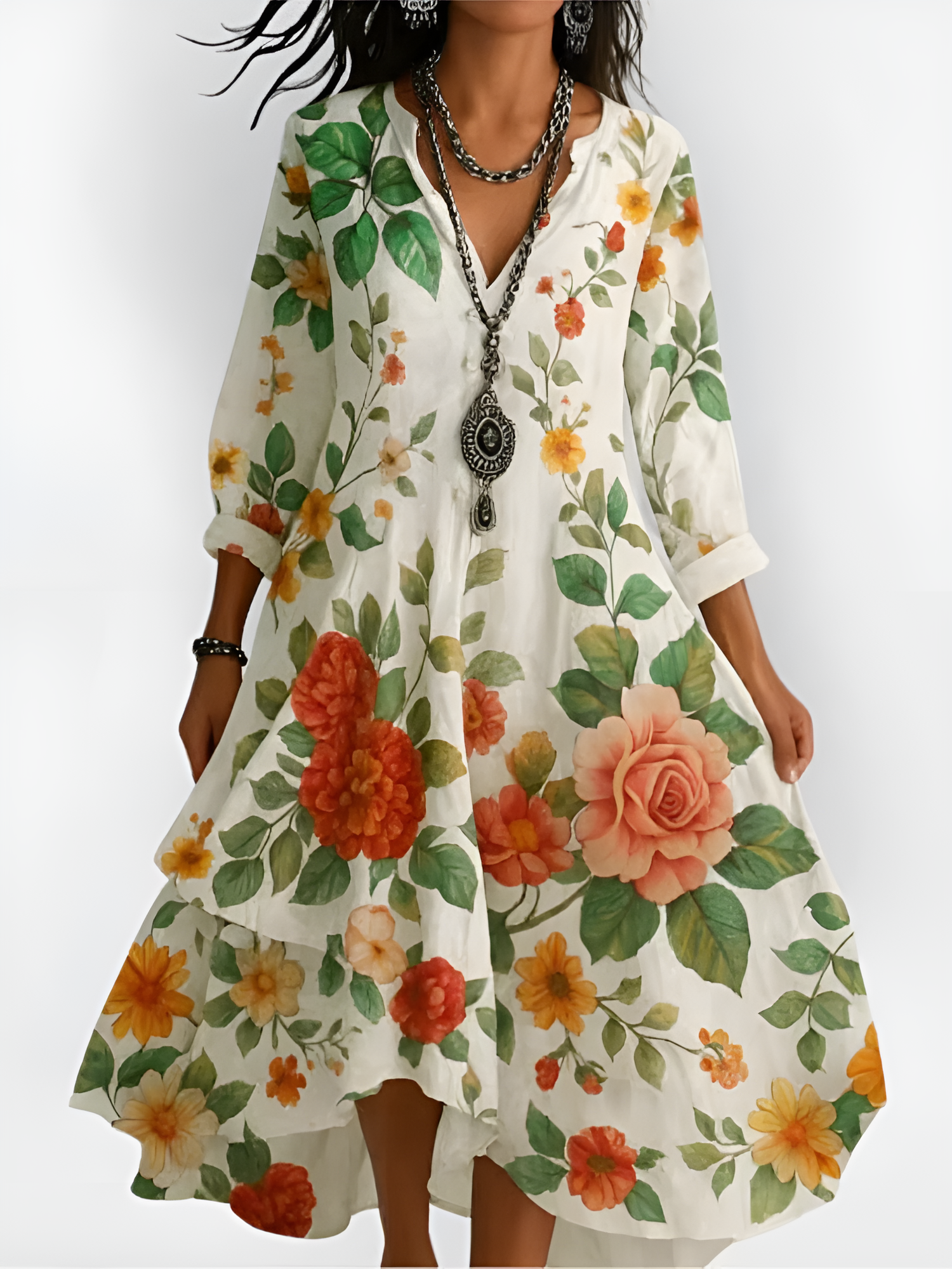 Floral Maxi Dress with V-Neck and Knee-Length Hem, Long Sleeves