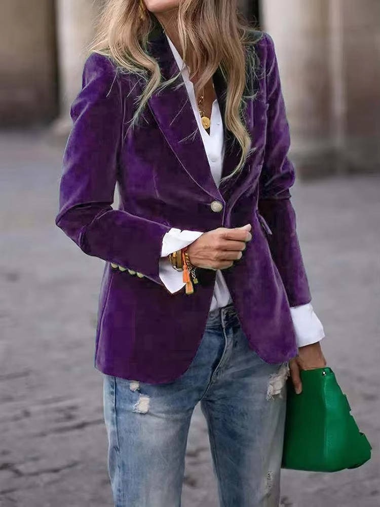 Women's Velvet Blazer with Gold Buttons and Structured Shoulders, Tailored Fit