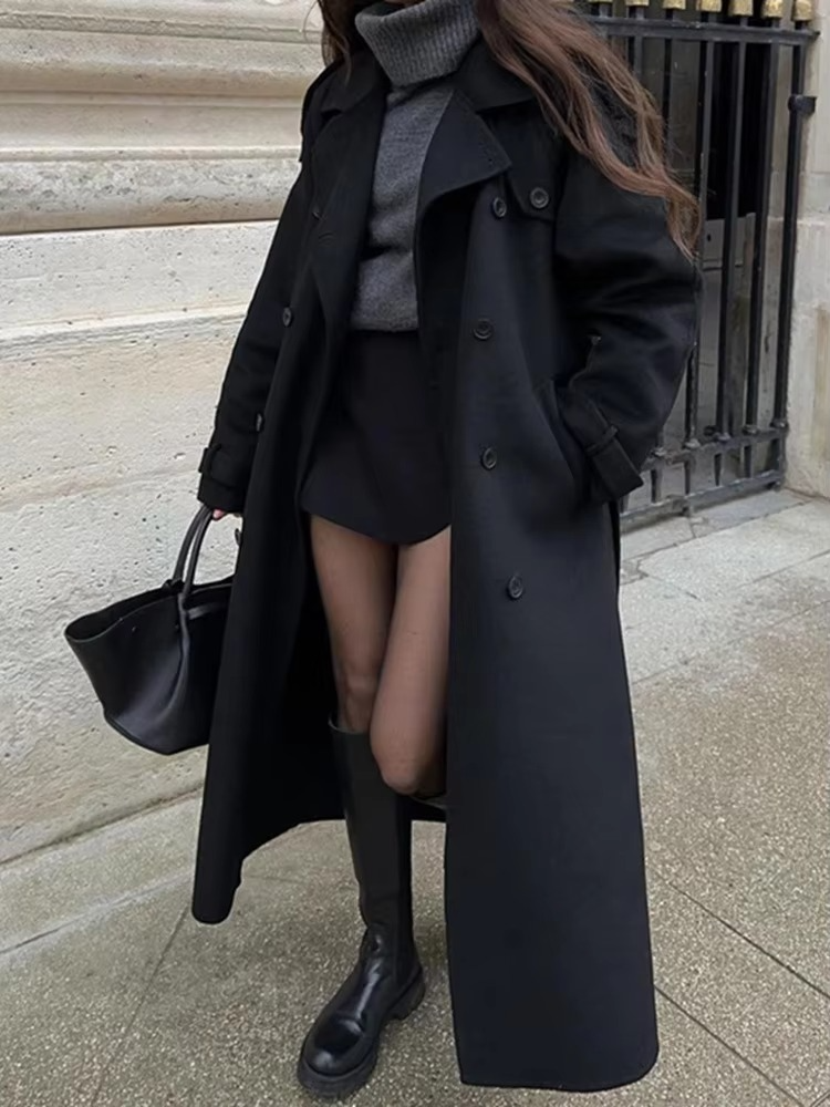Women's Wool-Blend Coat with Detachable Belt and Deep Pockets, Knee-Length Oversized
