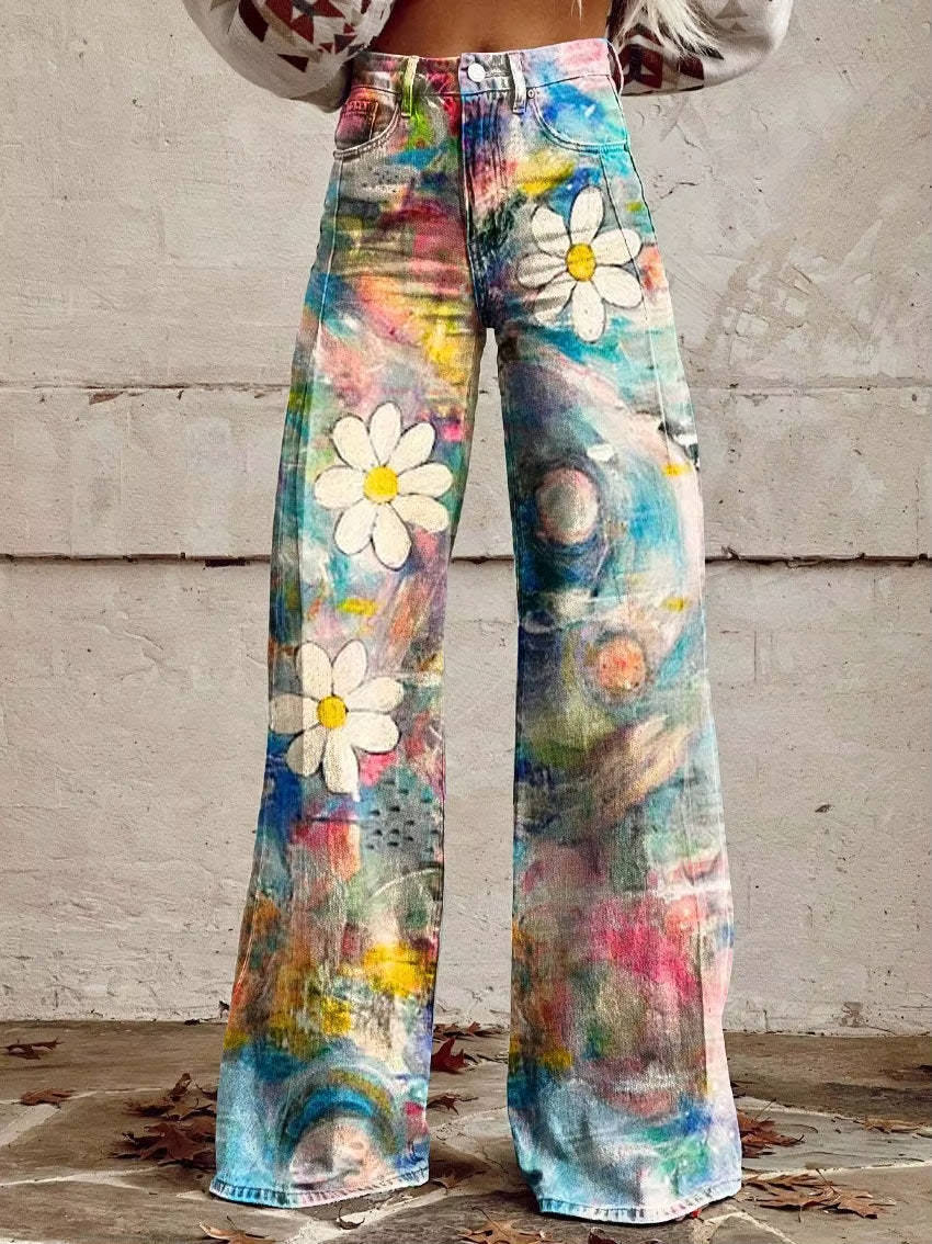 Women's Floral Pants with High Rise Waist and Flared Wide Leg, Cotton Blend