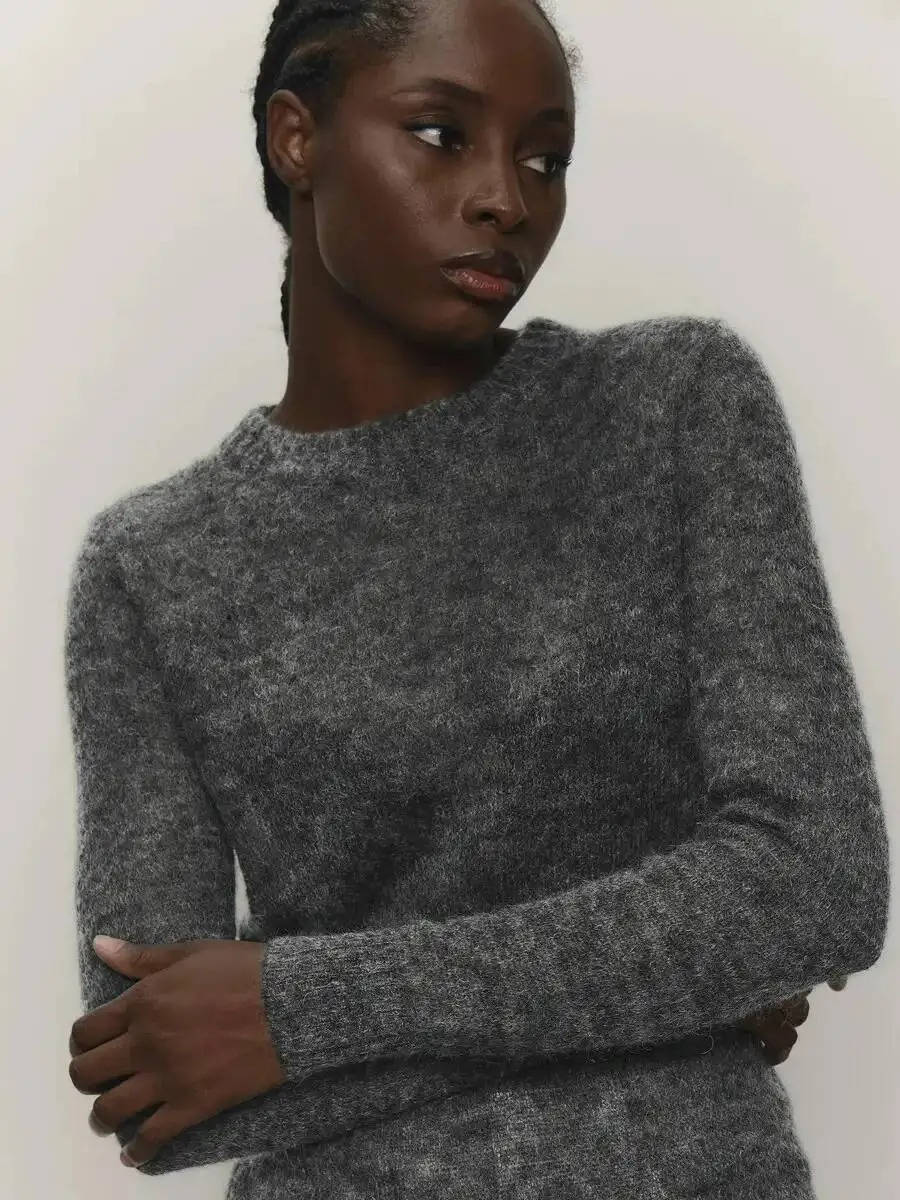 Mohair Sweater with Round Neck and Lightweight Semi-Sheer Knit, Ribbed Hem