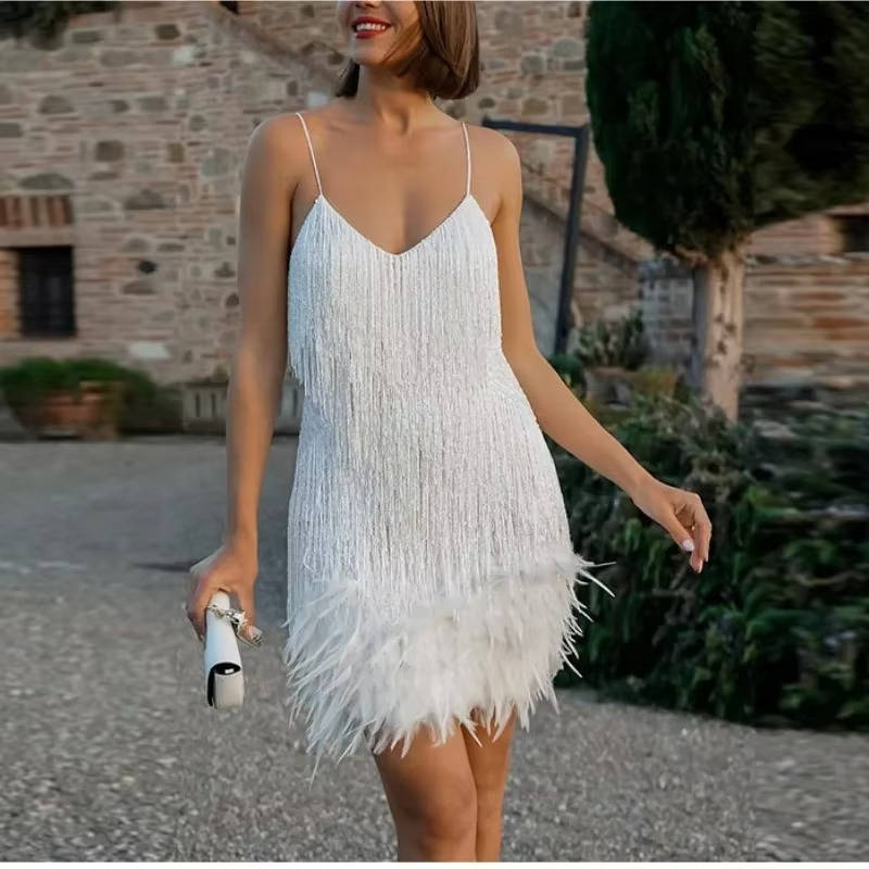 Mini Cocktail Dress with Feather Hem and Sequin Tassels, White Spaghetti Straps