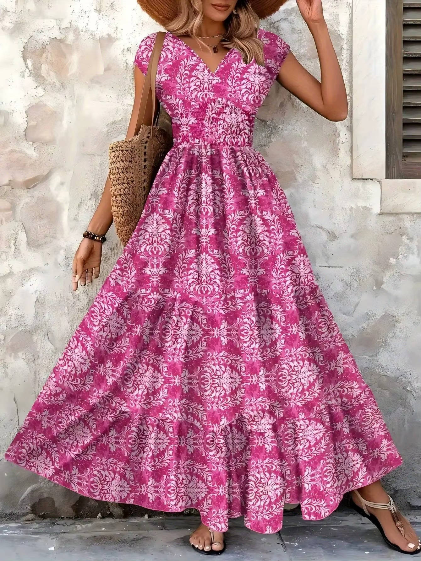 Smocked Maxi Dress with V Neck and Tiered A-Line Skirt, Cap Sleeves, All-Over Print