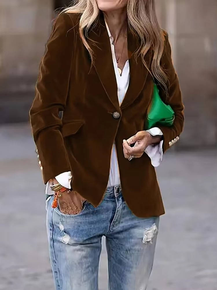 Women's Velvet Blazer with Gold Buttons and Structured Shoulders, Tailored Fit