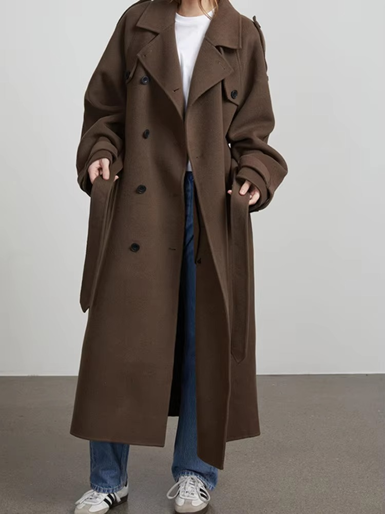 Women's Wool-Blend Coat with Detachable Belt and Deep Pockets, Knee-Length Oversized