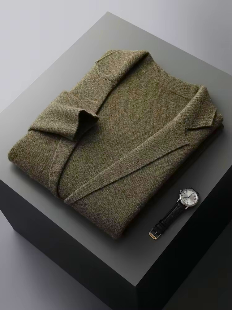 Cashmere Cardigan for Men with V Neck and Suit Style Collar, Anti-Pilling Wool Blend