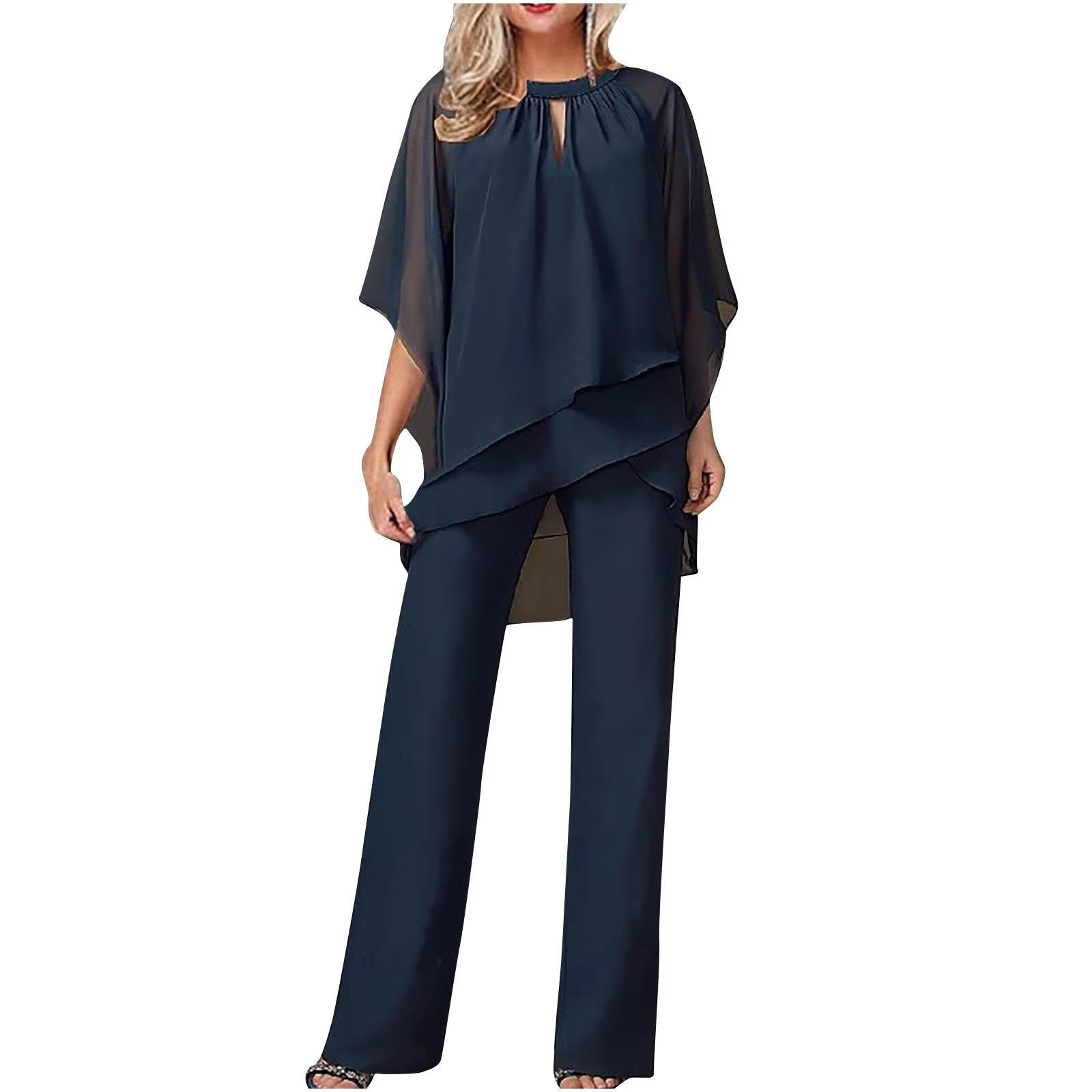 Chiffon Pantsuit for Women with Batwing Sleeves and Elastic Waist, Hidden Pockets