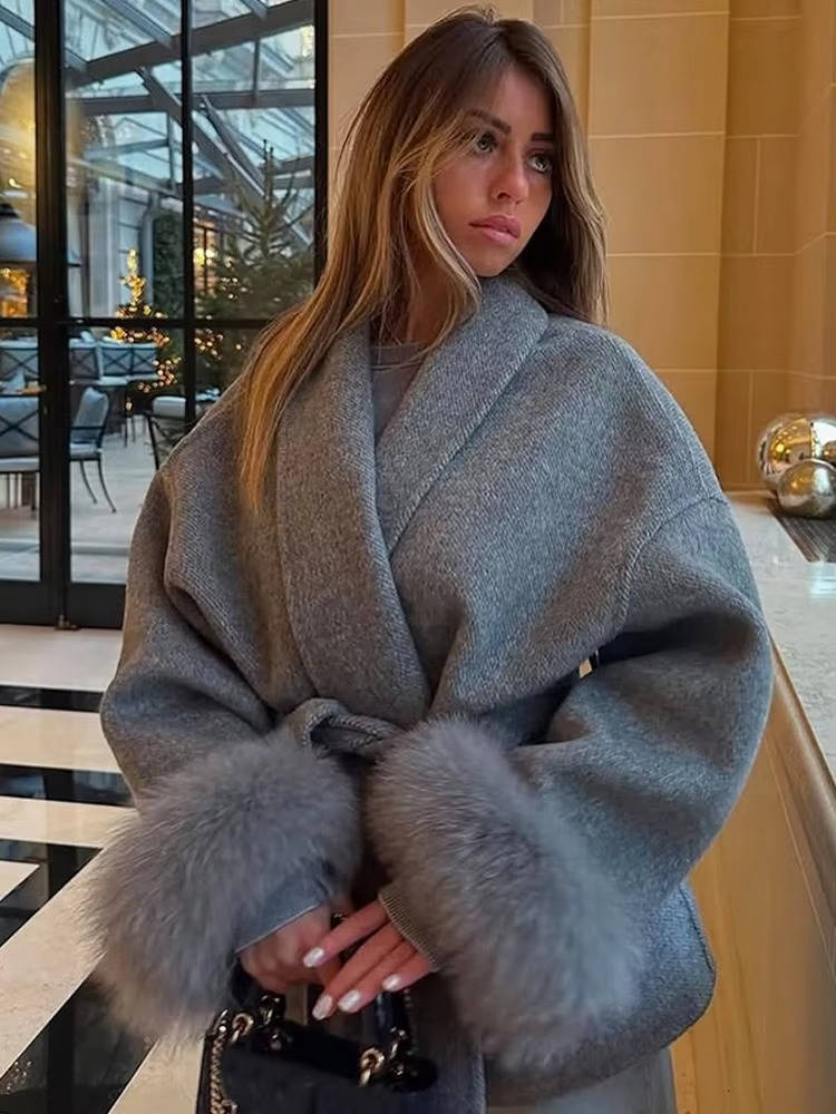 Women's Wool Blend Wrap Coat with Furry Trim and Lace Up Belt