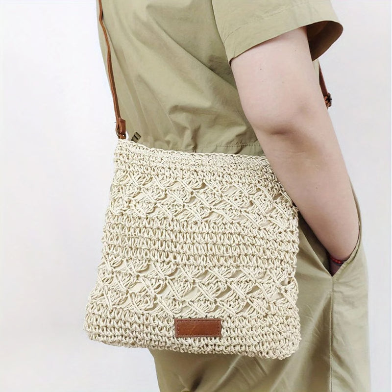 Handwoven Straw Crossbody Beach Bag – Hollow-Out Summer Woven Shoulder Purse, Lightweight Vacation Tote for Women