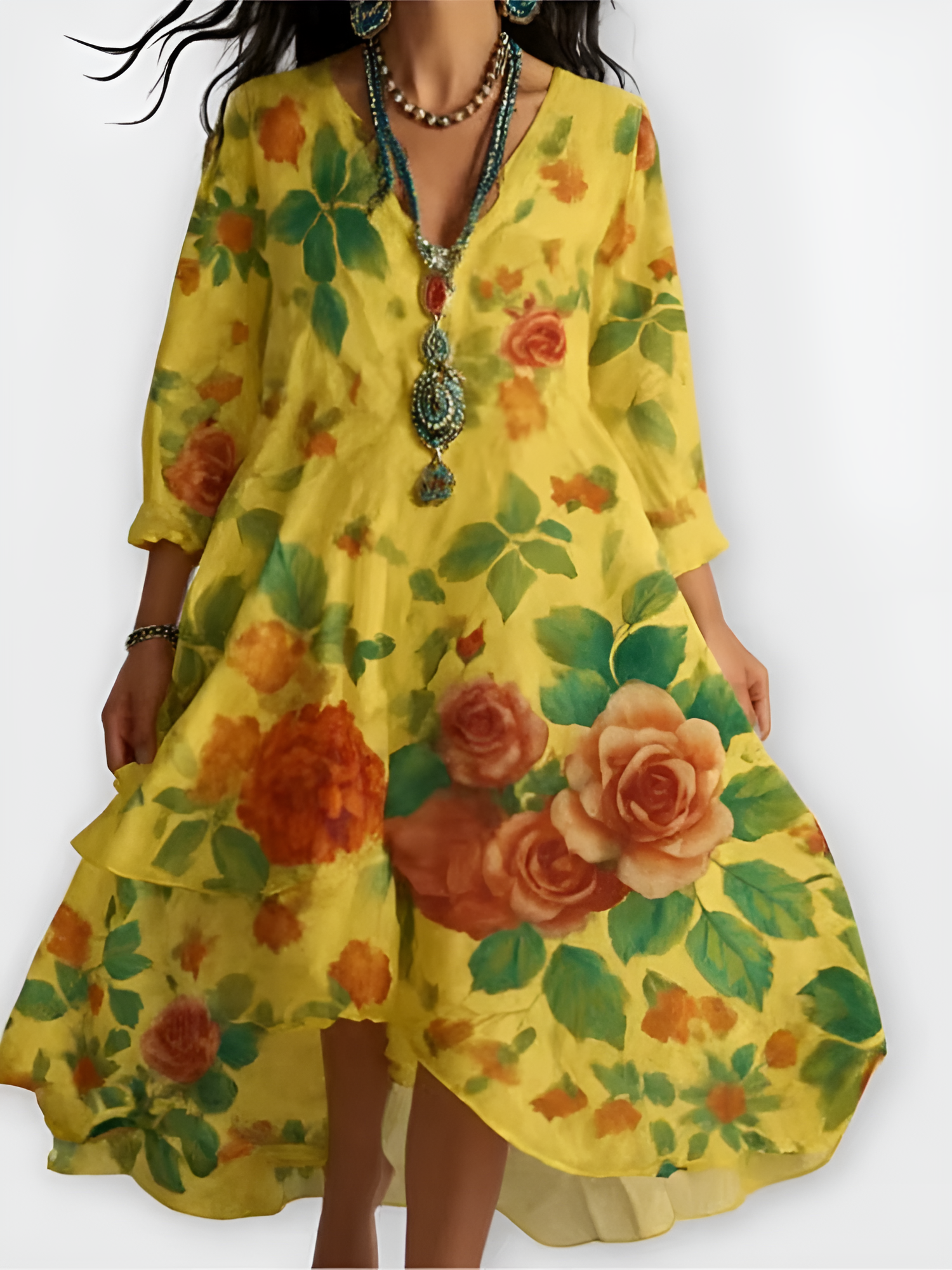Floral Maxi Dress with V-Neck and Knee-Length Hem, Long Sleeves