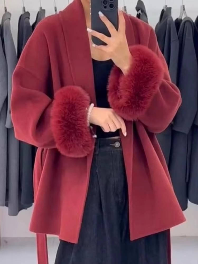 Women's Wool Blend Wrap Coat with Furry Trim and Lace Up Belt