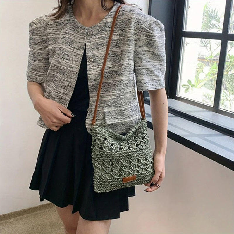 Handwoven Straw Crossbody Beach Bag – Hollow-Out Summer Woven Shoulder Purse, Lightweight Vacation Tote for Women