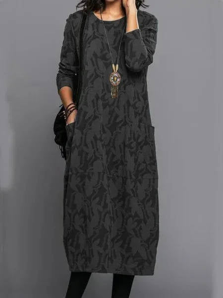 Midi Dress with Side Pockets and Long Sleeves, Cotton Blend Floral Mid Calf