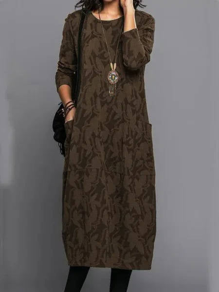 Midi Dress with Side Pockets and Long Sleeves, Cotton Blend Floral Mid Calf