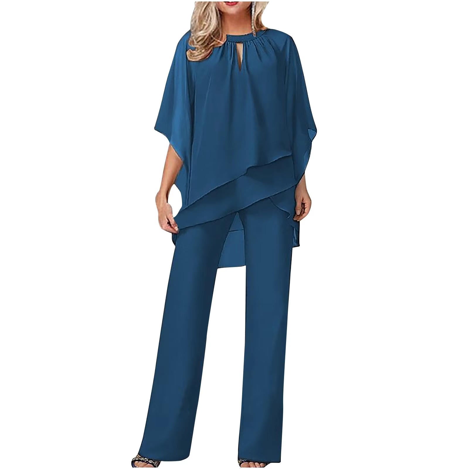 Chiffon Pantsuit for Women with Batwing Sleeves and Elastic Waist, Hidden Pockets
