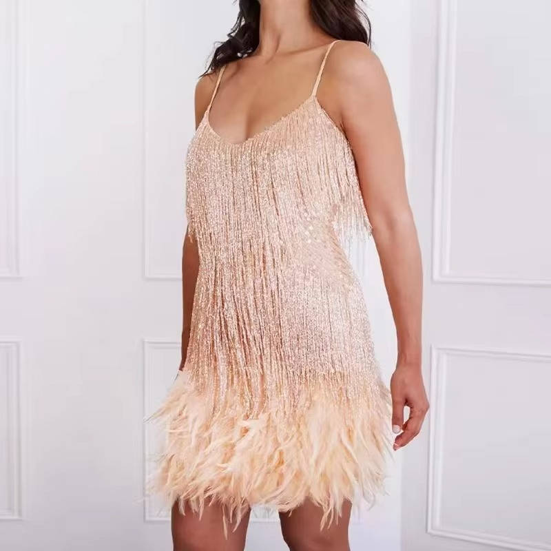 Mini Cocktail Dress with Feather Hem and Sequin Tassels, White Spaghetti Straps