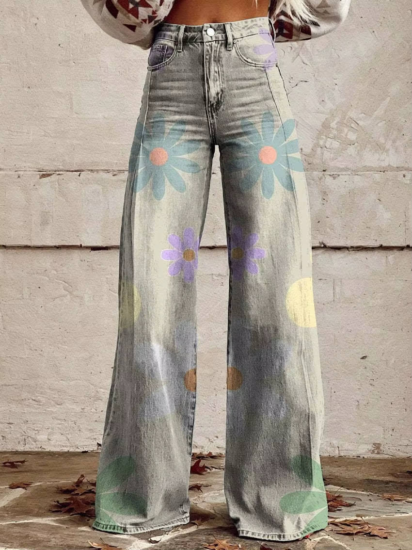 Women's Floral Pants with High Rise Waist and Flared Wide Leg, Cotton Blend