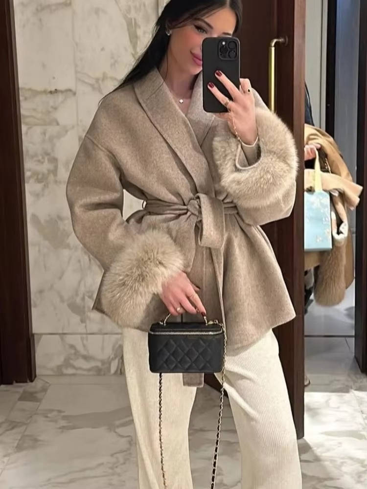 Women's Wool Blend Wrap Coat with Furry Trim and Lace Up Belt