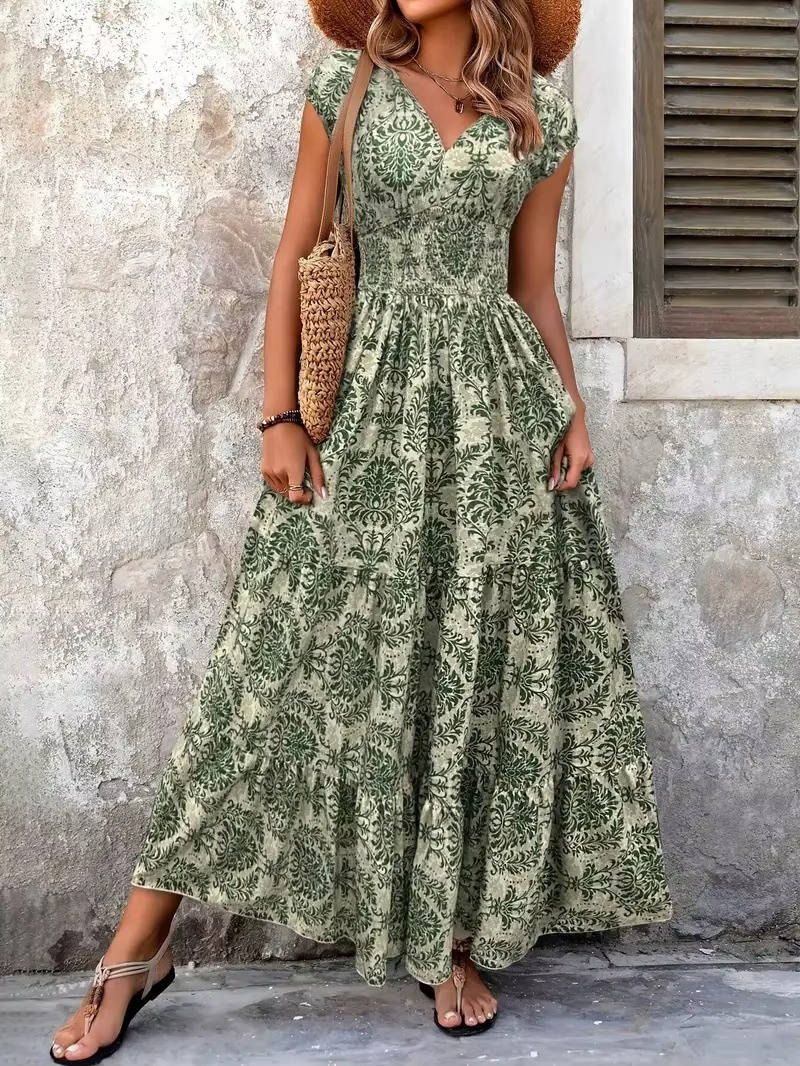Smocked Maxi Dress with V Neck and Tiered A-Line Skirt, Cap Sleeves, All-Over Print