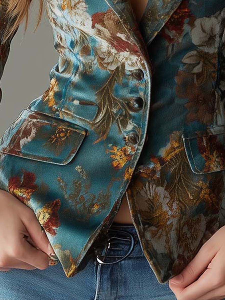 Floral Velvet Blazer with Teal Base and Tailored Fit, Vintage Design
