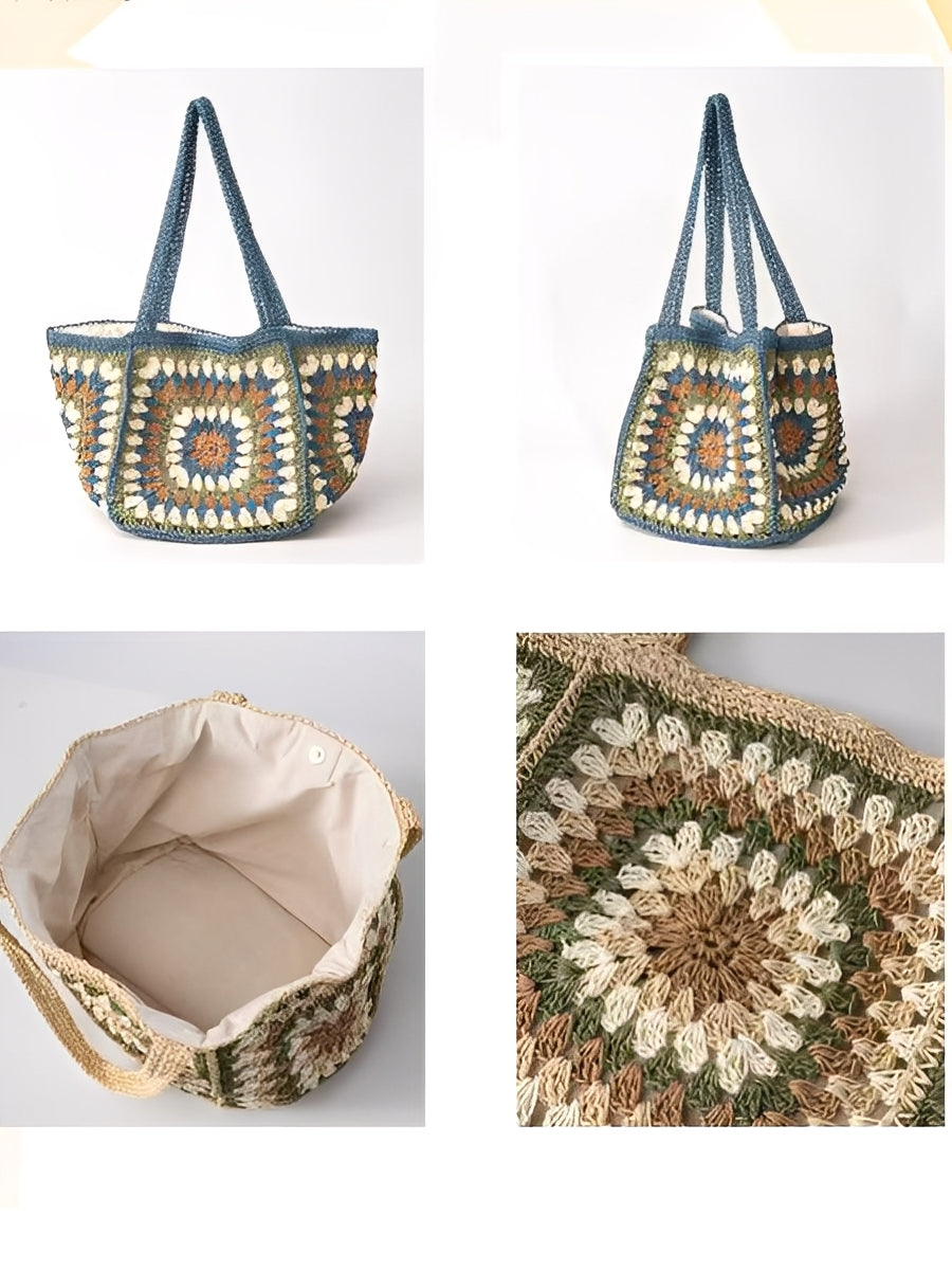 Woven Shoulder Bag with Magnetic Buckle and Adjustable Strap, Large Capacity