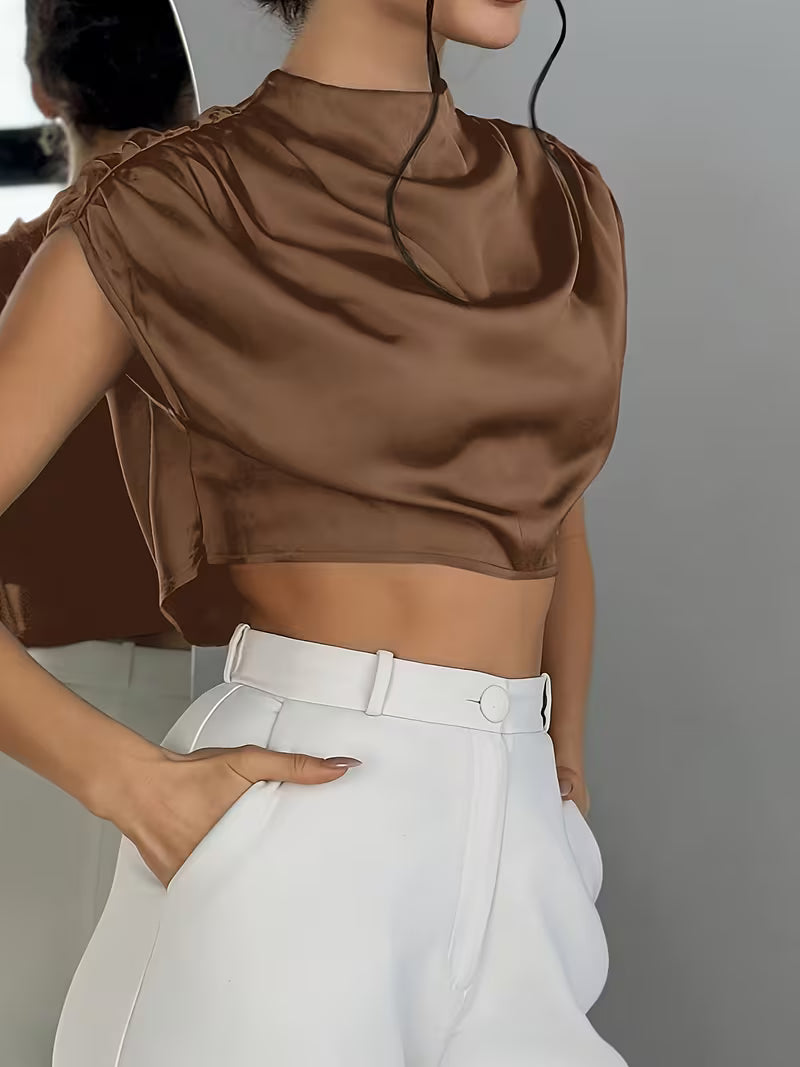 Women's High Neck Satin Drape Top with Structured Shoulders and Cropped Fit