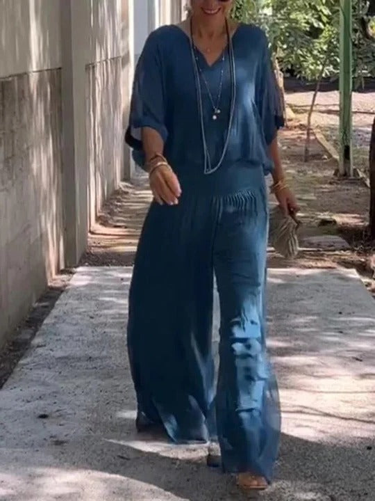 Chiffon Two-Piece Set with Wide-Leg Pants and Relaxed Top, Packable Wrinkle-Resistant Fabric