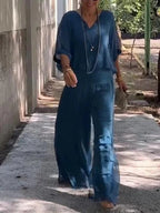 Chiffon Two-Piece Set with Wide-Leg Pants and Relaxed Top, Packable Wrinkle-Resistant Fabric