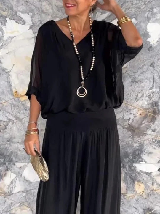 Chiffon Two-Piece Set with Wide-Leg Pants and Relaxed Top, Packable Wrinkle-Resistant Fabric