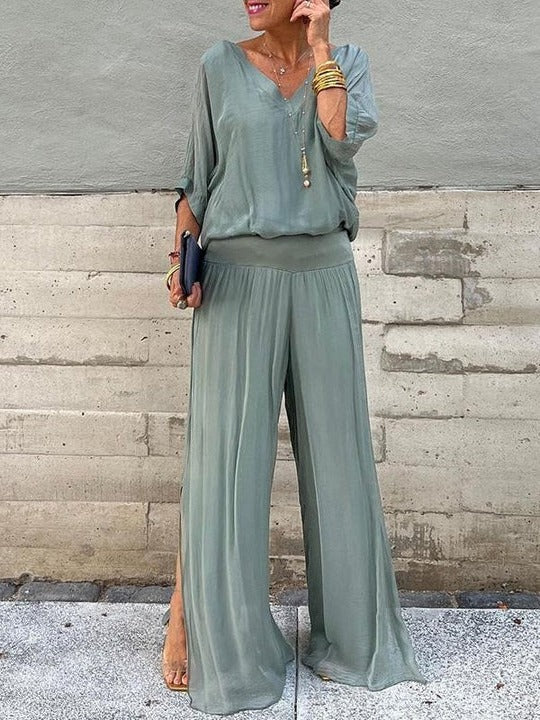 Chiffon Two-Piece Set with Wide-Leg Pants and Relaxed Top, Packable Wrinkle-Resistant Fabric