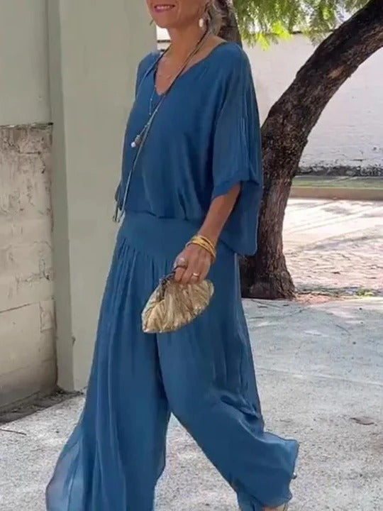 Chiffon Two-Piece Set with Wide-Leg Pants and Relaxed Top, Packable Wrinkle-Resistant Fabric