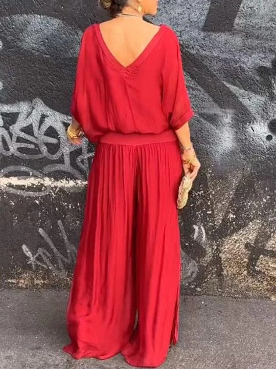 Chiffon Two-Piece Set with Wide-Leg Pants and Relaxed Top, Packable Wrinkle-Resistant Fabric