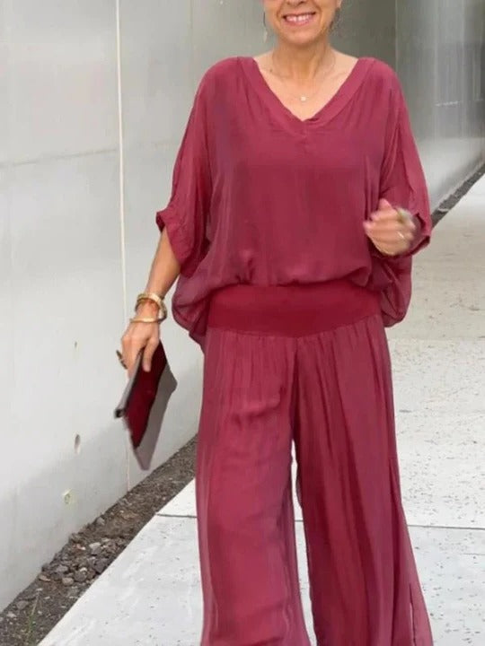 Chiffon Two-Piece Set with Wide-Leg Pants and Relaxed Top, Packable Wrinkle-Resistant Fabric