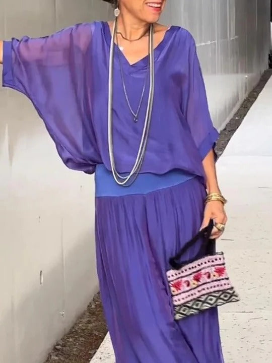 Chiffon Two-Piece Set with Wide-Leg Pants and Relaxed Top, Packable Wrinkle-Resistant Fabric