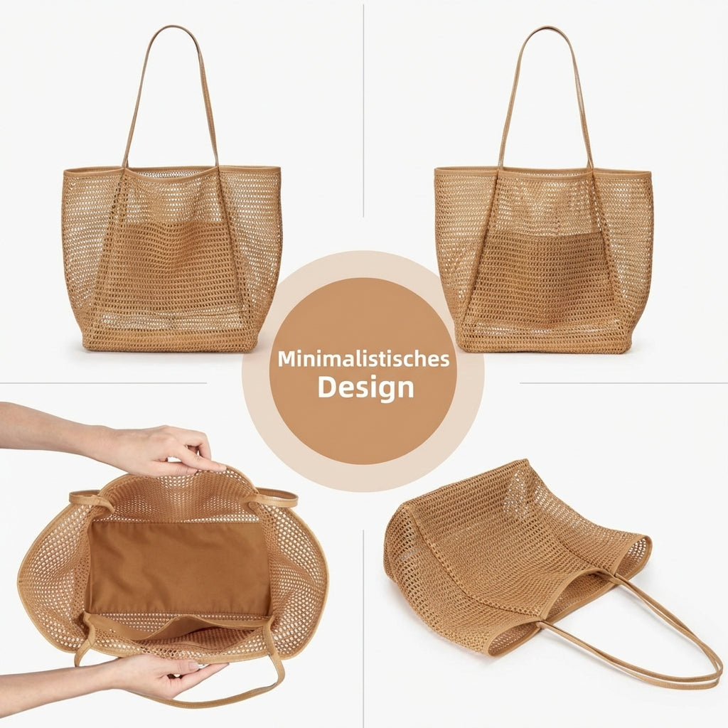 Mesh Tote Bag with Open-Weave Design and Foldable Construction for Beach Use