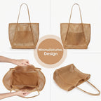 Mesh Tote Bag with Open-Weave Design and Foldable Construction for Beach Use