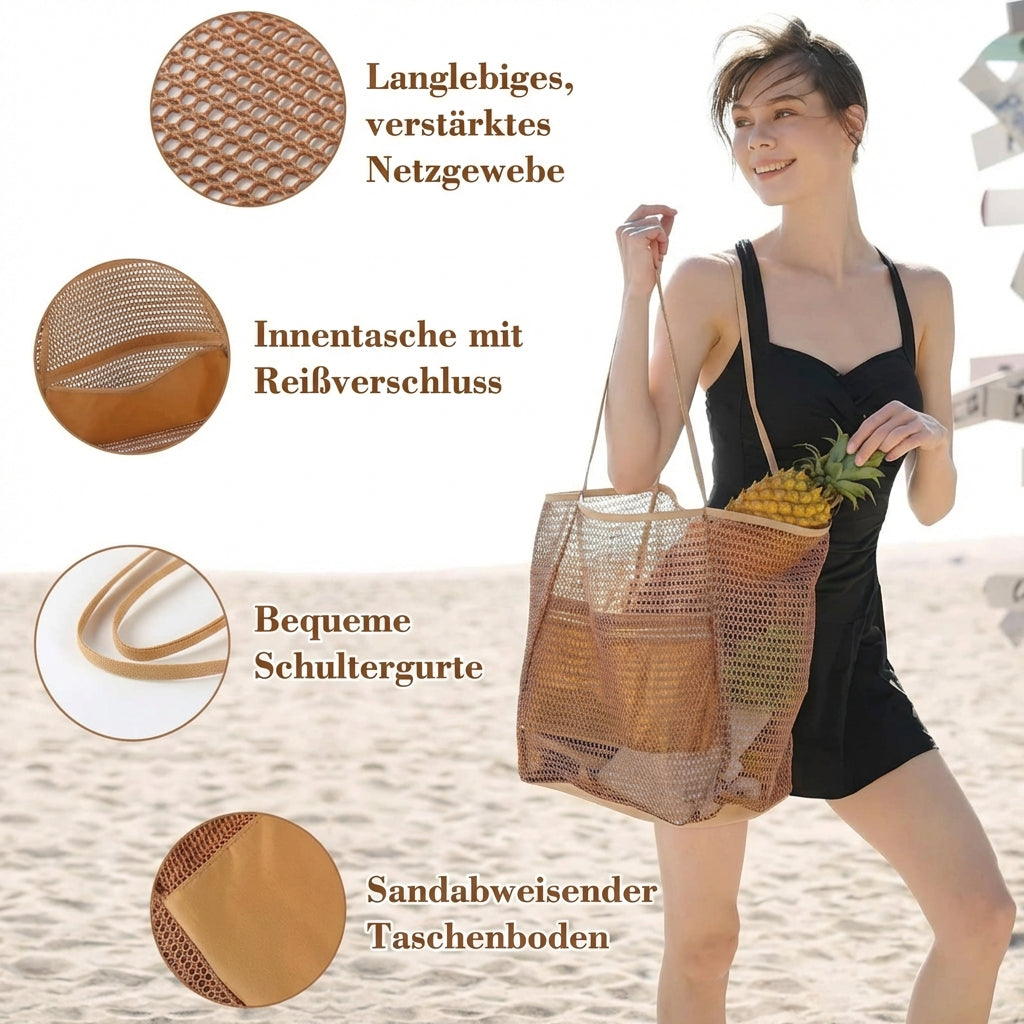 Mesh Tote Bag with Open-Weave Design and Foldable Construction for Beach Use