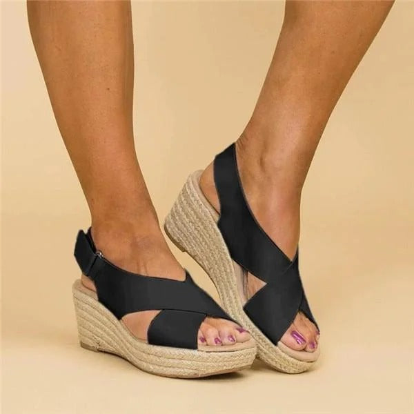 Women's Wedge Sandals with Orthopedic Footbed and Adjustable Cross Straps, Jute Wrap Heel