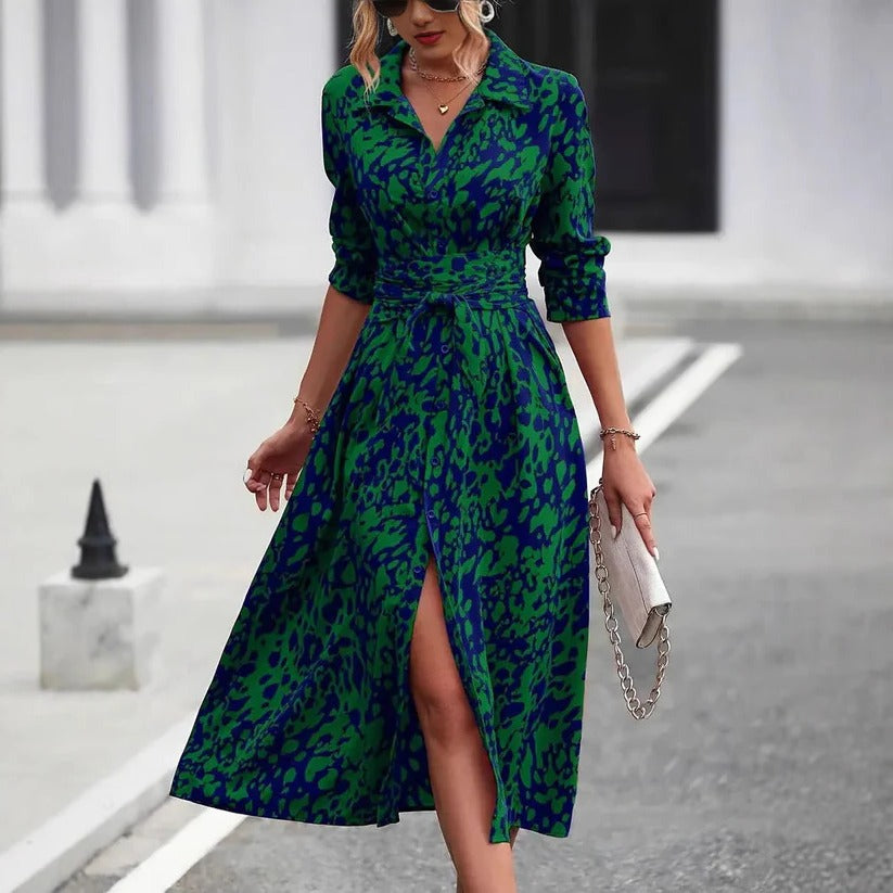 Midi Dress with Waist Tie and Button-Down Front, Breathable A-Line Silhouette