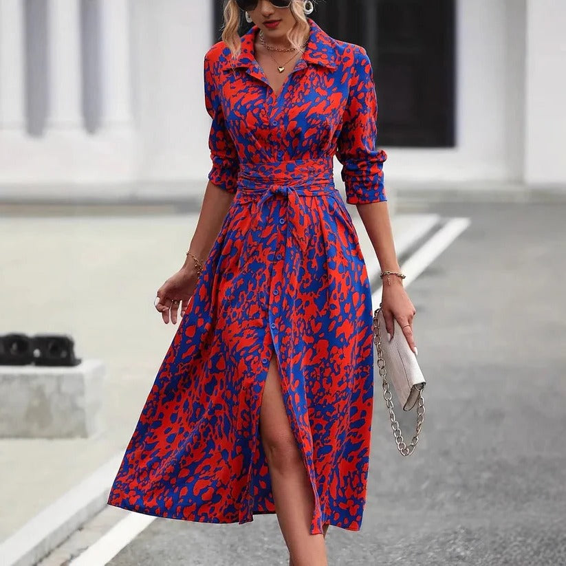 Midi Dress with Waist Tie and Button-Down Front, Breathable A-Line Silhouette
