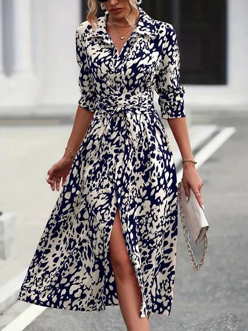 Midi Dress with Waist Tie and Button-Down Front, Breathable A-Line Silhouette