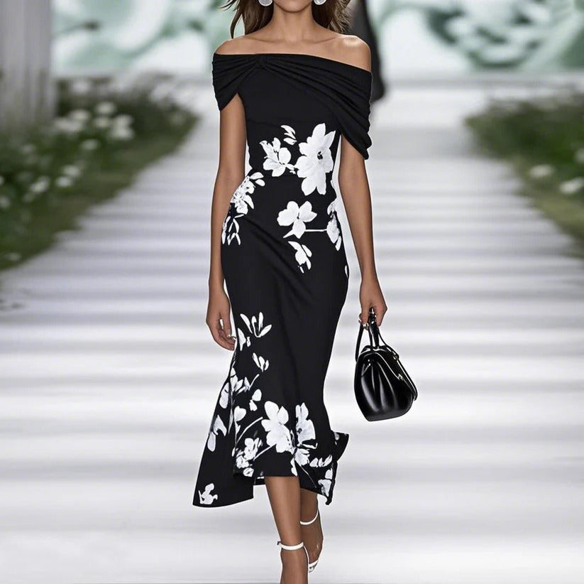 Off-Shoulder Midi Dress with Fitted Waist and All-Over Floral Print, Mid-Calf