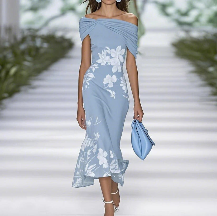 Off-Shoulder Midi Dress with Fitted Waist and All-Over Floral Print, Mid-Calf