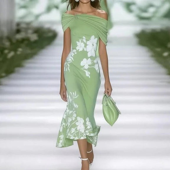 Off-Shoulder Midi Dress with Fitted Waist and All-Over Floral Print, Mid-Calf
