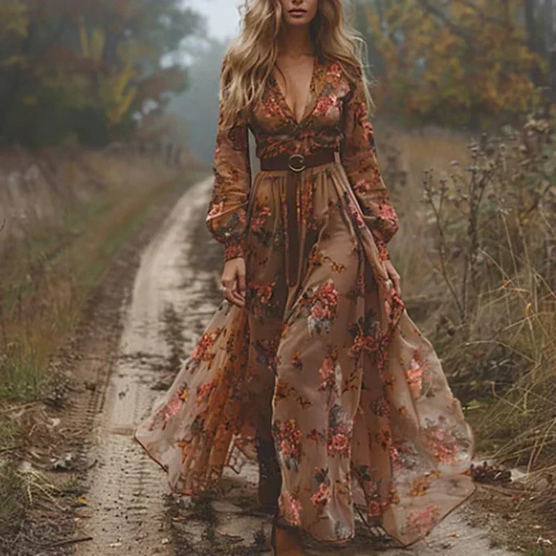Women's Floral Maxi Dress with Tiered Skirt and Long Sleeves, Relaxed Fit