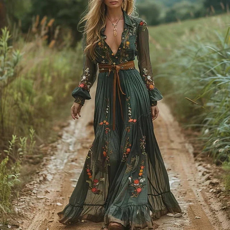 Women's Floral Maxi Dress with Tiered Skirt and Long Sleeves, Relaxed Fit